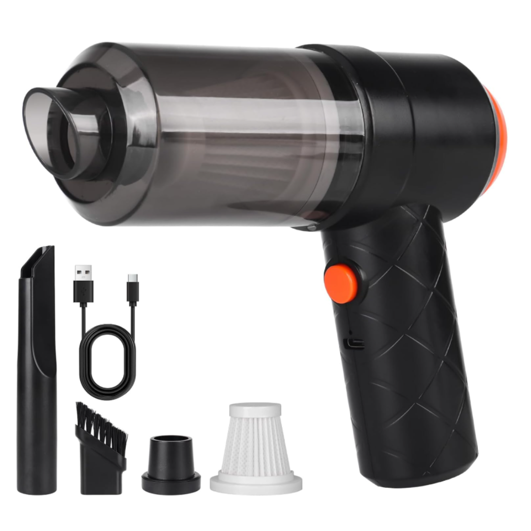 TurboClean Pro – Mini Aspiradora Portátil 3 en 1 (Aspira + Sopla + Filtro Lavable).