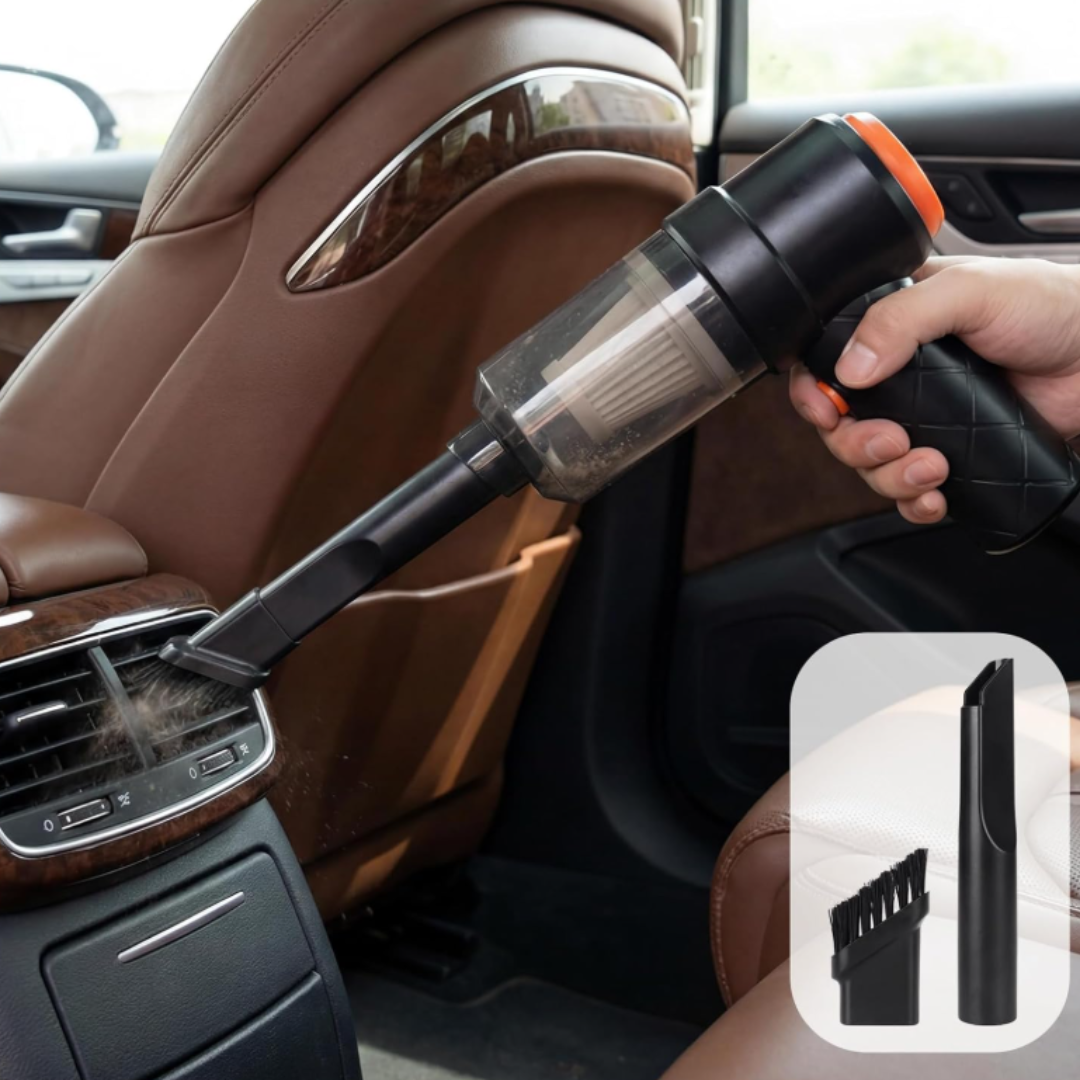 TurboClean Pro – Mini Aspiradora Portátil 3 en 1 (Aspira + Sopla + Filtro Lavable).